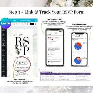 Paso 3: vincula y rastrea tu formulario RSVP. Inserta el enlace del formulario Google en tu sitio web Canva y permite que tus invitados confirmen su asistencia fácilmente. Visualiza sus respuestas en tiempo real con gráficos y hojas de cálculo de Google. Plantilla digital de invitación de boda editable en español, moderna y funcional, ideal para bodas digitales y gestión sencilla de invitados.