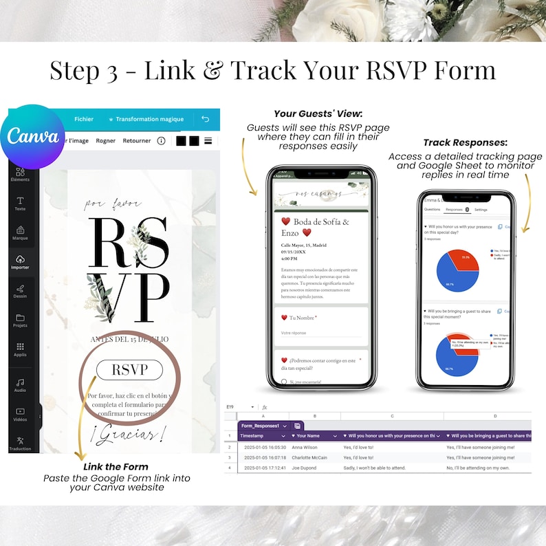 Paso 3: vincula y rastrea tu formulario RSVP. Inserta el enlace del formulario Google en tu sitio web Canva y permite que tus invitados confirmen su asistencia fácilmente. Visualiza sus respuestas en tiempo real con gráficos y hojas de cálculo de Google. Plantilla digital de invitación de boda editable en español, moderna y funcional, ideal para bodas digitales y gestión sencilla de invitados.