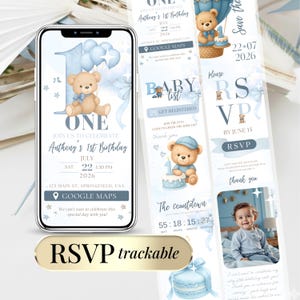 Editable 1st Birthday Invitation First Birthday Party Digital Invite Minimalist 1 st Boy Birthday Online RSVP Tracker Instant Download One