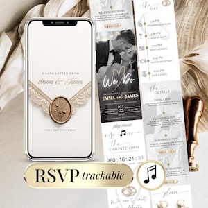 May include: A smartphone displaying a digital wedding invitation with a wax seal graphic and lace detail, alongside a vertical digital invitation layout featuring a couple's photo, event timeline, and a countdown timer with RSVP trackable text.