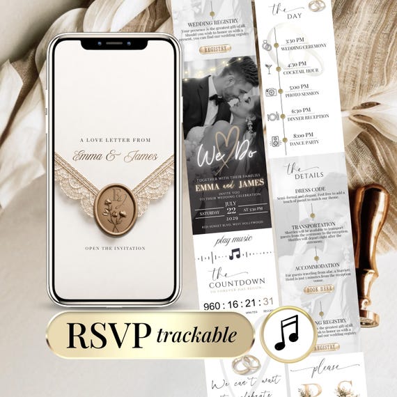 Ivory Wedding Website Invitation with RSVP Link, Champagne Gold Wedding Invite, Digital Canva Template, Music, Countdown, Trackable RSVP