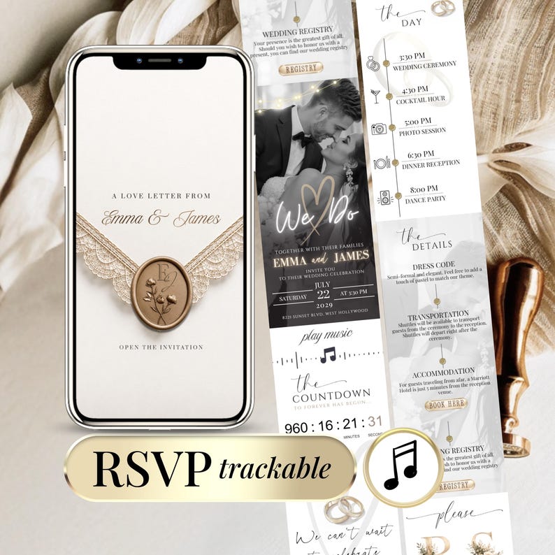 Luxury ivory Wedding Website Invitation with RSVP Link featuring a clickable lace envelope, champagne gold wax seal, trackable RSVP, live countdown, music, elegant timeline and editable Canva wedding website template.