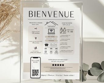 French English Airbnb Welcome Sign Template Canva Editable | Bilingual Guest Info Poster with QR Code | Vacation Rental Welcome Board
