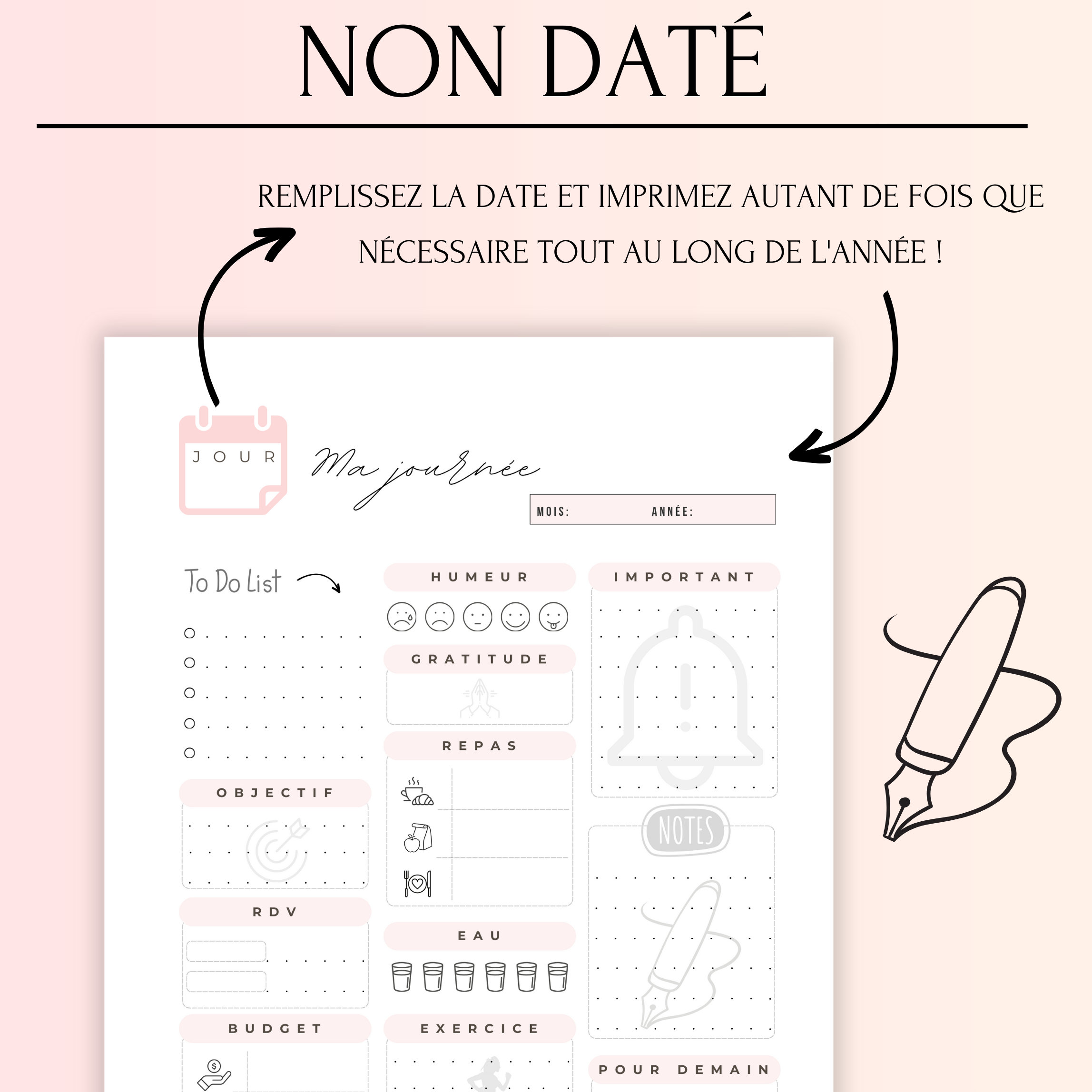 Checklist Journalier Planning journalier Non Daté A4,A5 Du Lundi au Dimanche, To do list ...