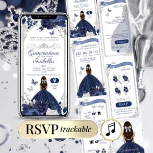 Editable navy blue Quinceañera digital invitation with RSVP form. Elegant sweet 16 or Mis Quince Años event website template featuring floral silver design, RSVP tracking, event schedule, and Google Maps link. Perfect for 15th birthday party. Canva template shown on phone screens for instant download and customization.