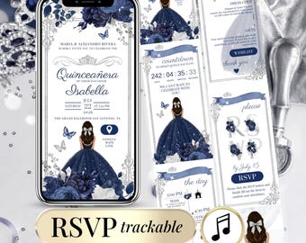 Navy Blue Quinceañera Invitation, RSVP Website (Digital)