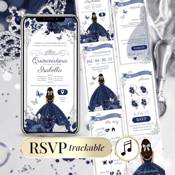 Navy Blue Quinceanera Invite RSVP Online Sweet 16 invitation, Editable Mis Quince Anos 15th Birthday Digital Quinceanera Invitation Silver