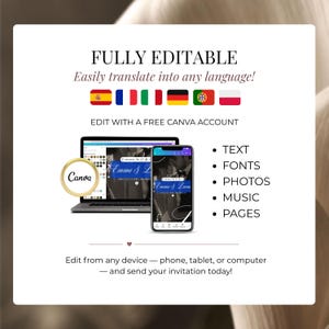 Fully editable digital wedding invite Canva template, translatable into Spanish, French, Italian, German, Portuguese and Polish, edited from laptop or phone.