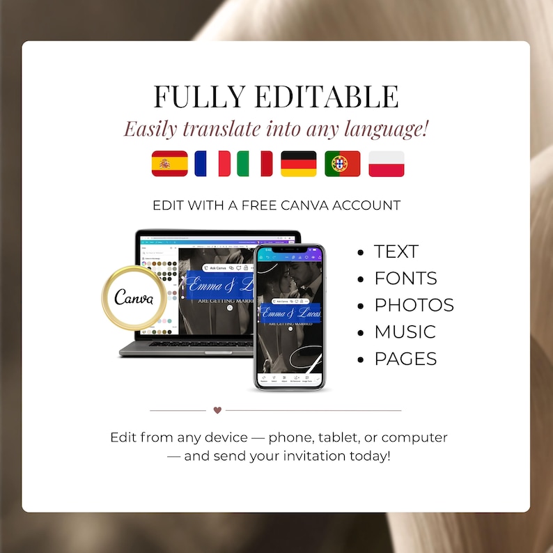 Fully editable digital wedding invite Canva template, translatable into Spanish, French, Italian, German, Portuguese and Polish, edited from laptop or phone.