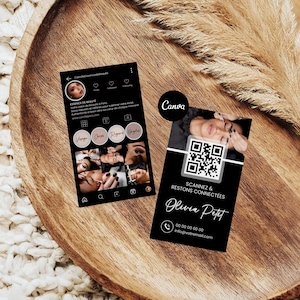Carte de visite Instagram en français pour esthéticienne et institut de beauté, modèle Canva à éditer avec QR code, design moderne élégant