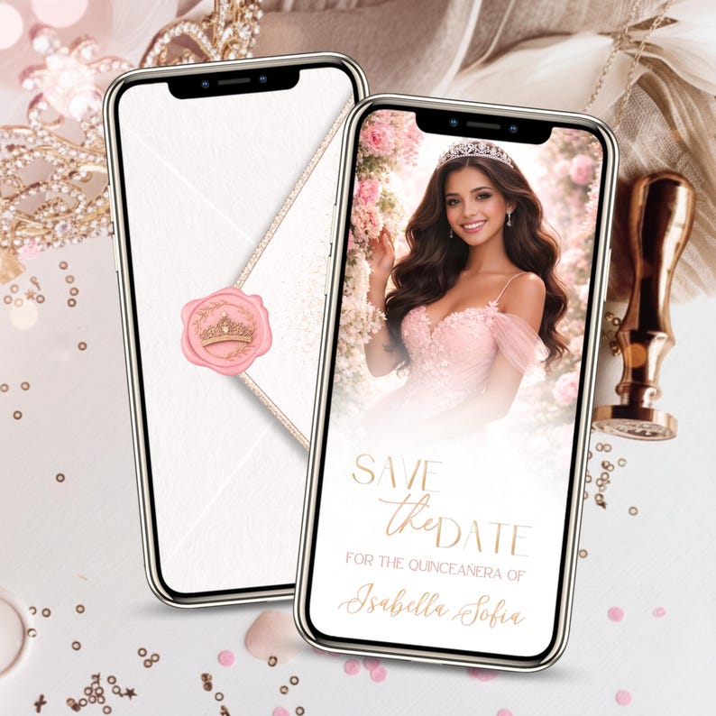 Quinceañera save the date video invitation pink blush envelope with wax seal and princess girl design, elegant Canva template, luxury digital invitation for Sweet 16, romantic floral background, modern mobile video invite preview