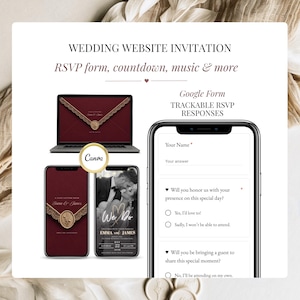 Wedding website invitation with RSVP form, countdown, music and Canva template shown on laptop and phone, plus Google Form trackable RSVP responses with yes or no attendance options