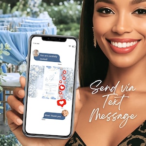 Happy guest holding phone with digital wedding invitation website, modern dusty blue online wedding invite with RSVP tracking, elegant Canva wedding website template loved by guests