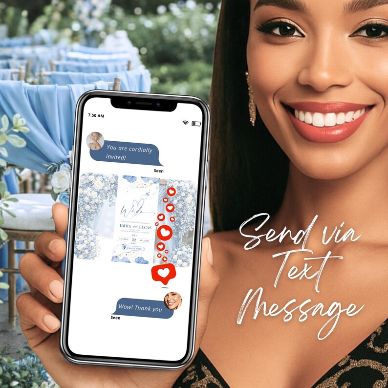 Happy guest holding phone with digital wedding invitation website, modern dusty blue online wedding invite with RSVP tracking, elegant Canva wedding website template loved by guests