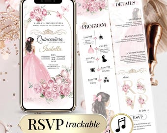 Pink Floral Quinceanera Invitation, Editable Animated RSVP (Digital Download)