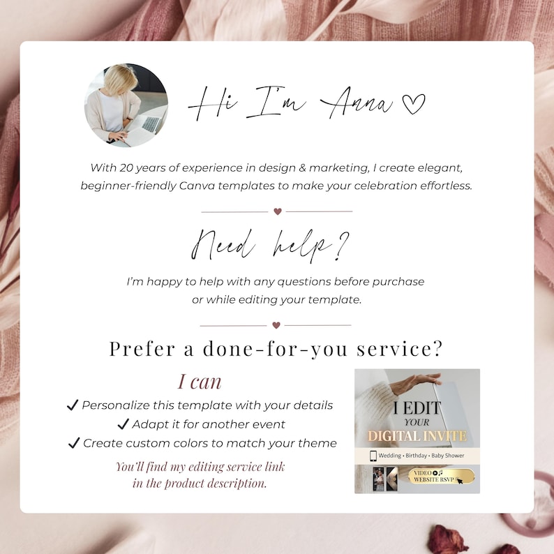 Custom wedding invitation editing service by Canva designer, personalized interactive wedding RSVP website customization, blush pink digital wedding invitation support and done for you wedding template service