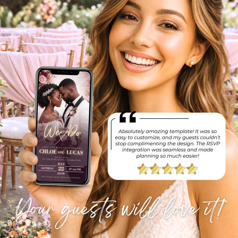Smiling guest holding smartphone displaying burgundy wedding digital invitation with RSVP tracking and floral background