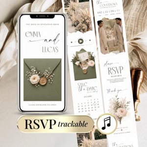 Könnte beinhalten: Eine digitale Hochzeitseinladung auf einem Smartphone-Bildschirm mit den Namen "Emma und Lucas". Das Design umfasst einen olivgrünen Umschlag mit floralen Akzenten und dem Text "RSVP trackable". Zusätzliche Tafeln zeigen RSVP-Details und einen Countdown.