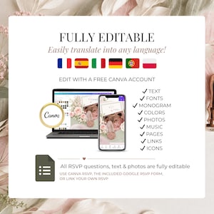 Editable Canva wedding website invitation template translated into any language, customizable wedding RSVP website with editable text, fonts, photos, colors, music and links