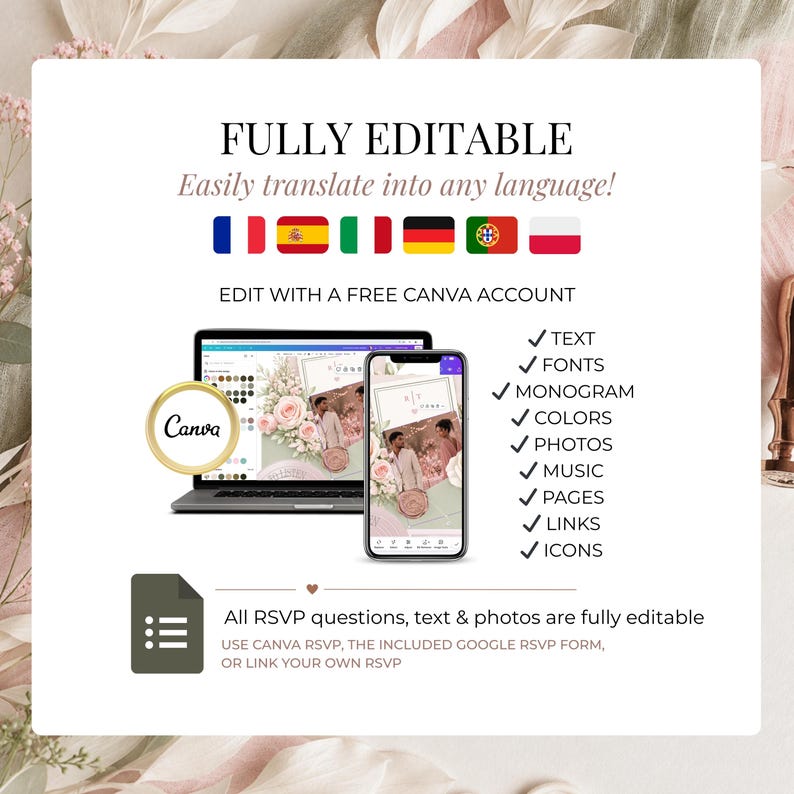 Editable Canva wedding website invitation template translated into any language, customizable wedding RSVP website with editable text, fonts, photos, colors, music and links