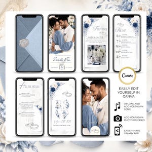 Preview all pages of this editable Dusty Blue Wedding Invitation Video. Canva wedding template includes animated envelope, venue, timeline, RSVP, photo page, blue silver floral design and customizable music.