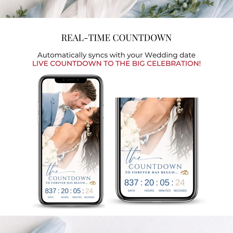 Real-time countdown timer for wedding invitation website, live wedding countdown synced to your wedding date, digital wedding invite with countdown timer, modern Canva wedding website template