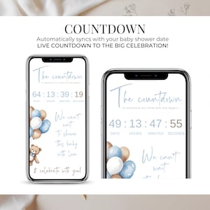 Baby Shower Live Countdown Page for Baby Boy — Blue Teddy Bear balloons theme. Automatic event timer displayed on mobile website invite. Digital RSVP website template for baby shower, easy editing with Canva and Google Form.