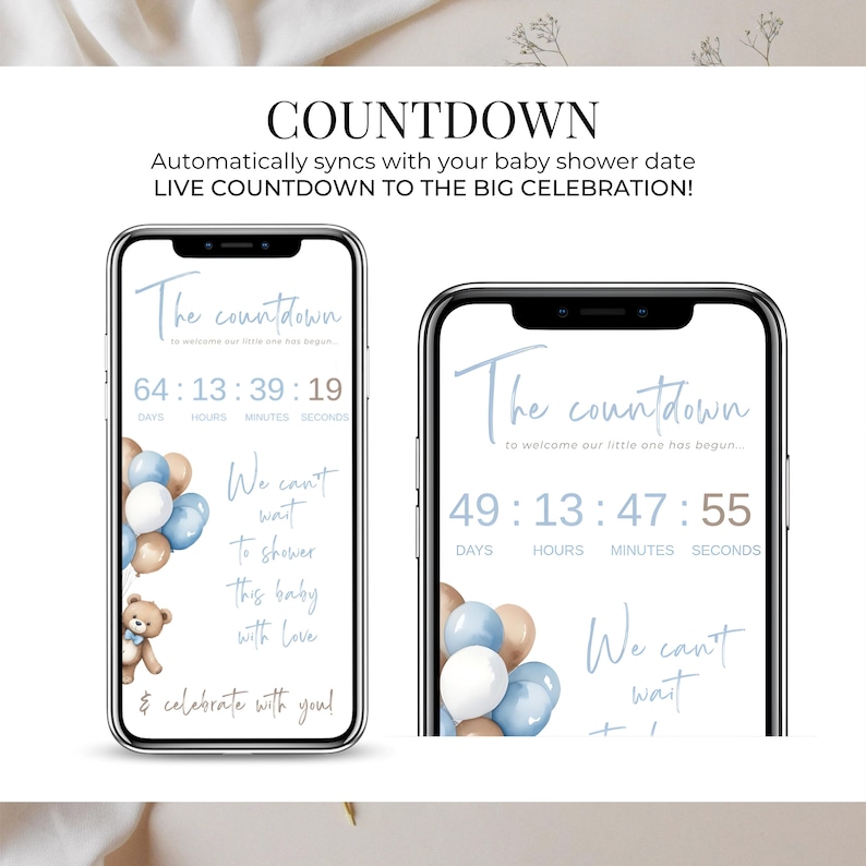 Baby Shower Live Countdown Page for Baby Boy — Blue Teddy Bear balloons theme. Automatic event timer displayed on mobile website invite. Digital RSVP website template for baby shower, easy editing with Canva and Google Form.