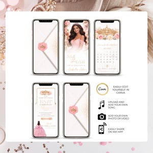 May include: A collection of smartphone mockups displaying quincea&ntilde;era invitation designs. The designs feature a pink and gold color scheme, with a crown and floral elements. Text includes "Save the Date," "RSVP," and Canva editing instructions.