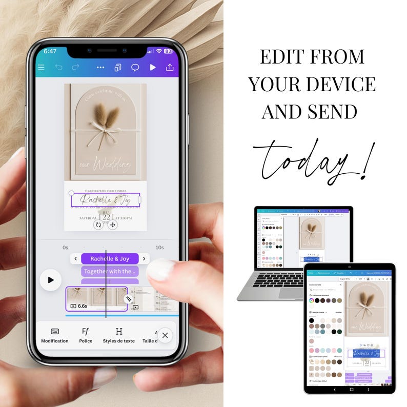 Easily edit animated wedding video invitation from your phone, tablet, or computer using Canva. Customize text, colors, and layout with this digital template. No Canva Pro needed. Perfect for busy couples looking for a fast, modern, and elegant way to send their mobile wedding invitation with RSVP.