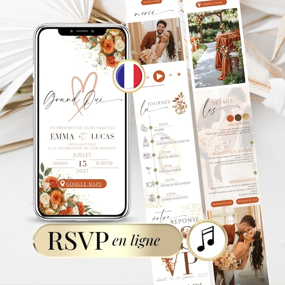 Terracotta French Wedding Digital Invitation with RSVP Website | Canva Mobile Invite, Boho Floral Template, Music, Countdown