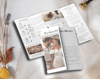 Gazette des Mariés Modèle Faire Part Mariage Template Canva Invitation Mariage Personnalisable Journal Mariage Modèle Canva A4 en francais