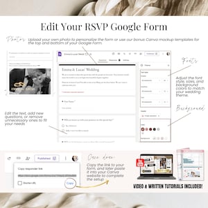 Edit your RSVP Google Form – tutorial preview showing customizable wedding RSVP form with editable text, fonts, colors, background image and mockup header – copy link and paste into Canva wedding website, includes video + written instructions – digital wedding invitation with auto RSVPs – Templates4Branding
