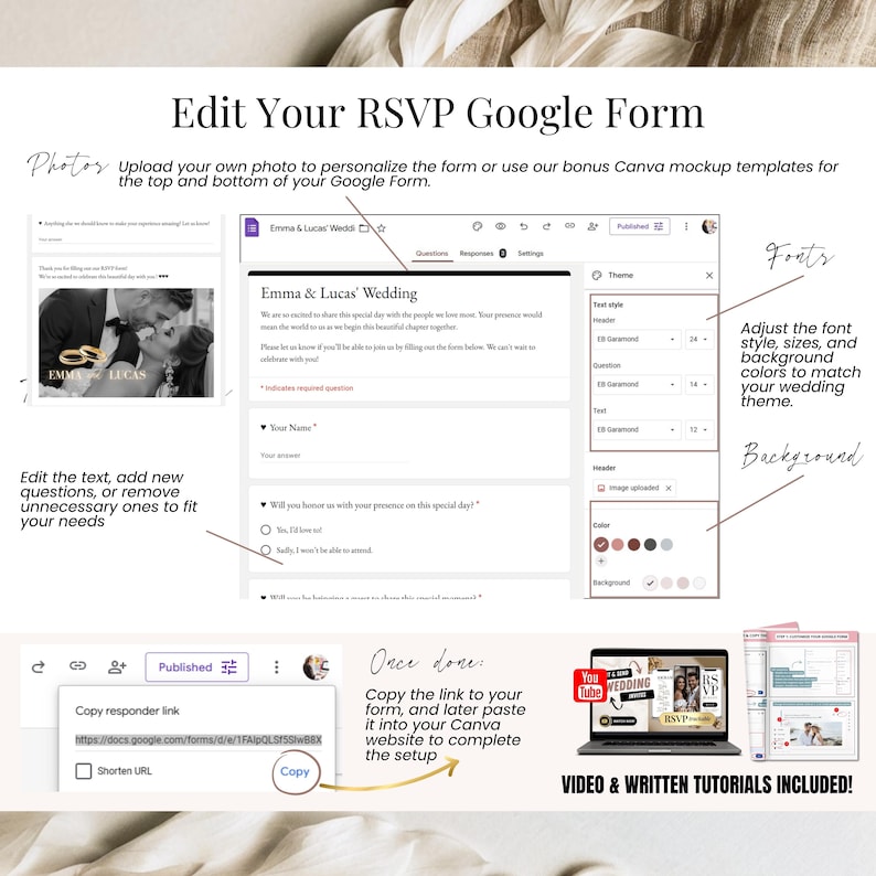 Edit your RSVP Google Form – tutorial preview showing customizable wedding RSVP form with editable text, fonts, colors, background image and mockup header – copy link and paste into Canva wedding website, includes video + written instructions – digital wedding invitation with auto RSVPs – Templates4Branding