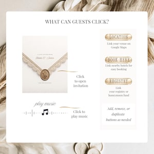 Ivory wedding website template with clickable envelope, play music button, Google Maps location, hotel booking, wedding registry links and customizable interactive buttons for guests.