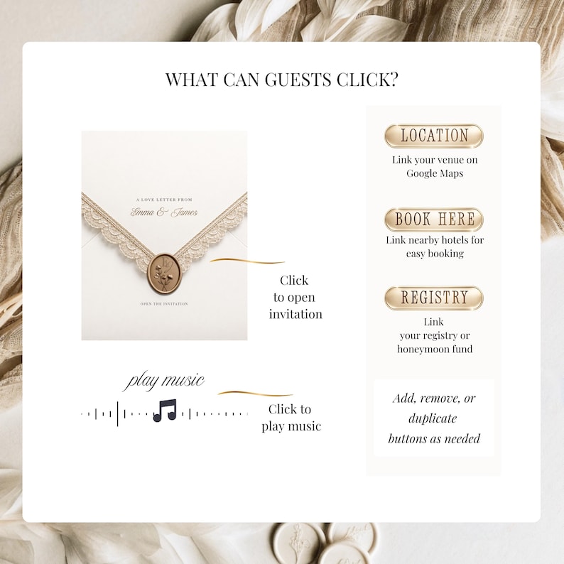 Ivory wedding website template with clickable envelope, play music button, Google Maps location, hotel booking, wedding registry links and customizable interactive buttons for guests.