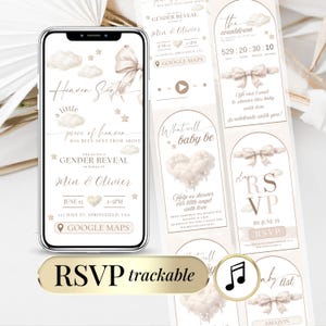 May include: A digital invitation for a gender reveal, featuring a smartphone displaying event details with cloud and star graphics. The invitation includes the text "Heaven Sent" and "RSVP trackable". Additional cards with event details are also shown.