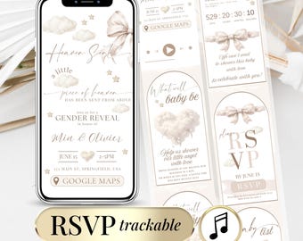 Gender Reveal Digital Invitation, Neutral Cloud Beige Baby Shower Invite RSVP Tracker, Online RSVP, Editable, Heaven Sent Baby Announcement