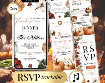 May include: Thanksgiving dinner invitation on a smartphone screen, featuring pumpkins, leaves, and the text "Thanksgiving Dinner Hosted by The Millers." Additional details include RSVP information and a countdown timer.