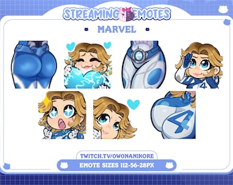 May include: A set of nine animated Twitch emotes featuring a female character in a blue and white superhero costume. The emotes show the character in different poses and expressions, including a heart-shaped eye, a surprised expression, and a wink. The emotes are designed in a cartoon style and are perfect for adding personality to your Twitch streams.