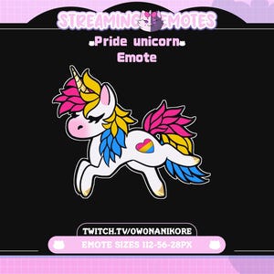 Puede incluir: Unicornio de dibujos animados con cuerpo blanco, mejillas rosas y melena y cola arcoíris. El unicornio tiene un símbolo en forma de corazón en su costado. La imagen incluye el texto "Pride unicorn Emote" y "Streaming Emotes".