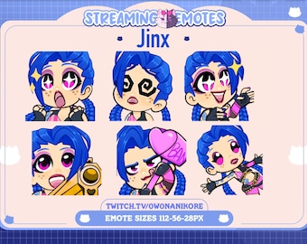 May include: Six different animated emotes featuring Jinx from League of Legends. The emotes are in a grid format with a pink background and blue border. The emotes show Jinx with different expressions and accessories, including a gun, a hammer, and a heart.