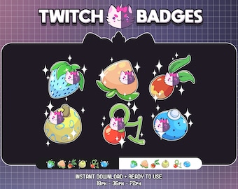 Puede incluir: Un conjunto de seis insignias de Twitch que presentan un gato de dibujos animados durmiendo dentro de varias frutas. Las frutas incluyen una fresa, un melocotón, una naranja, una calabaza, una cereza y un arándano. Las insignias están diseñadas en un estilo de dibujos animados lindo con un fondo negro y estrellas blancas.