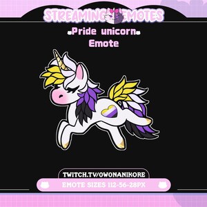 Puede incluir: Un emoticono de unicornio de dibujos animados con cuerpo blanco, cuerno y pezuñas doradas, y una melena y cola con detalles en amarillo, morado y negro. El texto "Pride unicorn Emote" se muestra encima del unicornio. La imagen está enmarcada en negro.