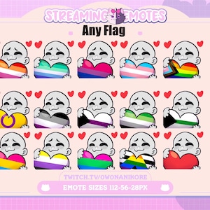 Op de afbeelding: Een verzameling emotes met een lachend, kaal karakter dat een hartvormige vlag vasthoudt. De vlaggen vertegenwoordigen verschillende identiteiten, waaronder lesbisch, biseksueel en transgender. De tekst "Any Flag" wordt hierboven weergegeven.