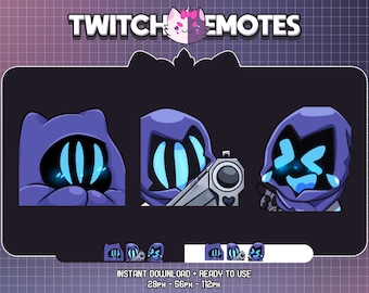 May include: Three animated Twitch emotes featuring a purple hooded character with glowing blue eyes. The first emote shows the character with a surprised expression, the second shows the character holding a gun, and the third shows the character crying.