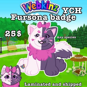 Op de afbeelding: Een Webkinz YCH Fursona-badge met een gespleten kattenontwerp in wit en paars, versierd met een roze strik en accenten. De teksten "Webkinz", "YCH", "Fursona badge" en "Any species" worden weergegeven. Een kleinere versie van de kat staat in de linkerbenedenhoek.