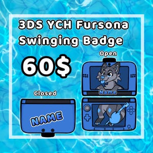 Op de afbeelding: Een blauw-witte afbeelding met een 3DS YCH Fursona Swinging Badge. De afbeelding toont een blauwe 3DS met een cartoon wolf karakter. De tekst bevat "Open", "Closed" en "Name".