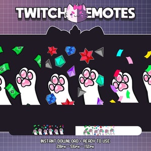 May include: Set of six Twitch emotes featuring a white cat paw with pink paw pads. The emotes show the paw holding different items, including money, gems, and confetti. The text "TWITCH EMOTES" is at the top of the image.