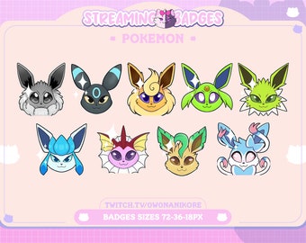 Puede incluir: Un conjunto de ocho insignias de personajes de Pokémon, con varios Pokémon de la franquicia. Las insignias son de varios colores, incluyendo azul, verde, amarillo y rosa. Las insignias están diseñadas para streaming y tienen el texto "STREAMING BADGES" y "POKEMON" en la parte superior. El texto "TWITCH.TV/OWONANIKORE" y "BADGES SIZES 72-36-18PX" está en la parte inferior.